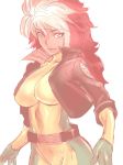 bodysuit breasts brown_hair cropped_jacket dodai_shouji large_breasts light_smile marvel multicolored_hair rogue_(x-men) short_jacket simple_background sleeves_rolled_up solo white_hair x-men 