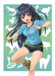  1girl alligator antenna_hair black_hair blue_eyes cat collarbone crocodilian dog earrings fang ganaha_hibiki hida_tatsuo idolmaster jewelry lizard long_hair open_mouth pig ponytail rabbit short_shorts short_sleeves shorts snake solo squirrel 