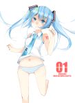  :&lt; aqua_eyes aqua_hair bad_id barefoot character_name hatsune_miku highres long_hair nail_polish necktie no_pants panties shirt simple_background solo striped striped_panties tsuba twintails underwear vocaloid white_background 