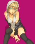  and aqua_eyes arm_support black_legwear blonde_hair breasts cleavage hoodie mustard_seeds off_shoulder original purple_background simple_background sitting solo thigh-highs thighhighs 