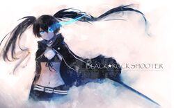  bikini_top black_hair black_rock_shooter black_rock_shooter_(character) blue_eyes character_name coat glowing glowing_eyes highres long_hair midriff navel shorts sola7764 solo sword twintails uneven_twintails very_long_hair weapon 