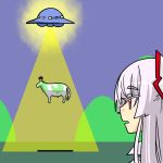  animalization beam bow cow floating fujiwara_no_mokou hair_bow hill horn horn_ribbon horns kamishirasawa_keine kamishirasawa_keine_(cow) long_hair looking_at_another open_mouth red_eyes ribbon seki_(red_shine) silver_hair simple_background solo touhou traction_beam ufo what 
