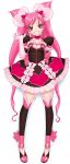  black_legwear breasts choker cleavage cleavage_cutout cure_honey_dream dakimakura delica double_bun dress earrings frills gloves grin heart heart_cleavage_cutout heart_cutout highres jewelry long_hair magical_girl original original_precure pink_eyes pink_hair precure shoes smile solo thigh-highs thighhighs twintails white_background 