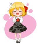  ascot blonde_hair blush closed_eyes eyes_closed fang hair_ribbon jigatei_(omijin) mary_janes omijin open_mouth ribbon rumia shirt shoes short_hair skirt smile solo the_embodiment_of_scarlet_devil touhou vest youkai 