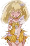  bad_id blonde_hair choker closed_eyes cure_peace dirty dress eyes_closed highres kise_yayoi long_hair magical_girl precure smile smile_precure! solo tears torn_clothes udk v white_background yellow yellow_dress 