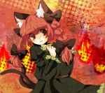  animal_ears bow braid cat_ears cat_tail dress fire hair_bow kaenbyou_rin multiple_tails piyyoota red_eyes red_hair redhead solo tail touhou twin_braids twintails 