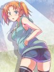  ass bare_shoulders bent_over black_legwear blue_eyes denim e20 hand_in_pocket hoodie looking_back nakano_minori open_mouth orange_hair original short_hair short_shorts short_twintails shorts sleeveless solo sweater thigh-highs thighhighs twintails 
