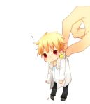  bad_id blonde_hair casual chibi chihuoxiaotao earrings fate/stay_night fate_(series) gilgamesh jewelry male miniboy red_eyes short_hair white_background 