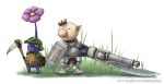  alternate_costume armor barrel brown_hair capcom cosplay crossover felyne felyne_(cosplay) flower grass gun gunlance lance monster_hunter naru_(wish_field) olimar parody pickaxe pikmin pikmin_(creature) pointy_ears polearm shield weapon 