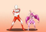  &gt;_&lt; 1boy 1girl :d closed_eyes crossover cure_happy halftone halftone_background height_difference hoshizora_miyuki kijinaka_mahiro magical_girl open_mouth pink_hair pose precure smile smile_precure! tiara twintails ultra_series ultraman:_towards_the_future ultraman_great xd 