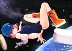  bicycle boots coin copyright_request cyborg highres niwakaike orange_eyes pink_hair planet reflection short_hair space spacesuit zero_gravity 
