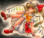  blonde_hair bloomers bow flandre_scarlet hat hat_ribbon leg_up marker_(medium) mary_janes nami_pontax red_eyes ribbon shirt shoes side_ponytail sitting skirt skirt_set smile solo the_embodiment_of_scarlet_devil touhou traditional_media vest wings wrist_cuffs wrist_ribbon 