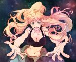  bad_id bare_shoulders blonde_hair blue_eyes breasts cleavage earrings jewelry kinsupa long_hair macross macross_frontier midriff navel sheryl_nome solo tank_top tears 