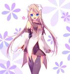  black_legwear blue_eyes brown_hair detached_sleeves floral_background flower gloves hair_flower hair_ornament long_hair marta_lualdi skirt skoubou smile solo tales_of_(series) tales_of_symphonia tales_of_symphonia_knight_of_ratatosk thigh-highs thighhighs white_background 