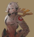  .hack//g.u. .hack//roots 1boy armor armor_plate bare_shoulders brown_background elbow_gloves farbevogel5 gloves haseo male red_eyes smile solo tattoo white_hair 