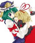  2girls absurdres blonde_hair blue_eyes closed_eyes doll doll_joints dqn_(dqnww) dress green_hair hair_ornament hair_ribbon hands_on_another&#039;s_chest hat highres hug medicine_melancholy multiple_girls open_mouth ribbon shikieiki_yamaxanadu short_hair smile su-san touhou wings 