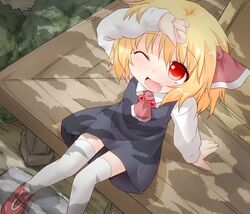  arm_up ascot black_hair blonde_hair blush child dress fang from_above hair_ribbon natsu_no_koucha open_mouth red_eyes ribbon rumia shading_eyes shadow shirt short_hair sitting smile solo the_embodiment_of_scarlet_devil thigh-highs thighhighs touhou veranda white_legwear wink youkai zettai_ryouiki 
