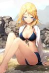  bangs bare_legs barefoot bikini blonde_hair blue_eyes breasts cleavage collarbone dress_shirt earrings female front-tie_top grin jewelry light_smile long_hair lowres midriff open_clothes open_shirt rock rose_pacifica salt_(salty) shirt short_hair sitting smile solo swept_bangs swimsuit sword_girls water 