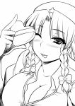  ;p beret braid breasts bust cleavage collarbone hat heart hong_meiling large_breasts long_hair looking_at_viewer monochrome namidame smile solo star tongue tongue_out touhou twin_braids valentine wink 