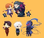  armor arondight berserker_(fate/zero) black_eyes blue_eyes book brown_hair caster_(fate/zero) chibi closed_eyes cup eyes_closed facial_hair fate/zero fate_(series) full_armor goatee hands_on_hilt heart heterochromia hoodie male matou_kariya monster multiple_boys orange_background orange_hair planted_sword planted_weapon scalpel simple_background sunday31 sword tentacle tentacles tohsaka_tokiomi toosaka_tokiomi uryuu_ryuunosuke weapon white_hair wine wine_glass 