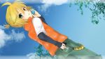  agi_(holic2007) blonde_hair boy cellphone cellular clouds dutch_angle green_eyes highres kagamine_len male open_mouth phone ponytail short_hair sky tree vocaloid 