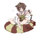 animal_ears barefoot bloomers bottle brown_eyes brown_hair futatsuiwa_mamizou glasses grin indian_style iroyopon leaf leaf_on_head pince-nez raccoon_ears raccoon_tail short_hair simple_background sitting sitting_on_tail sketch smile solo tail touhou white_background