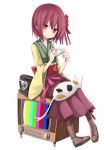  blush boots cat cup flower hair_flower hair_ornament hieda_no_akyuu highres japanese_clothes kimono knee_boots obi pink_eyes pink_hair purple_eyes purple_hair rotary_phone shirofox short_hair simple_background sitting smile solo teacup television test_card touhou white_background 