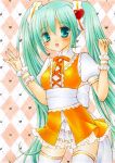  aqua_eyes aqua_hair argyle argyle_background arms_up blush caramelbox colored_pencil_(medium) dress hatsune_miku long_hair marker_(medium) nib_pen_(medium) open_mouth solo thigh-highs thighhighs traditional_media twintails very_long_hair vocaloid wrist_cuffs 