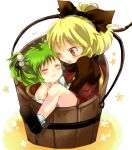  :&lt; :3 bad_id bare_shoulders blonde_hair blush bow bucket child closed_eyes eyes_closed green_hair hair_bobbles hair_bow hair_ornament happy in_bucket in_container kisume kurodani_yamame multiple_girls off_shoulder ponytail shomen short_hair simple_background touhou twintails wink 