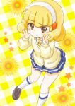  brown_eyes cardigan double_v hairband kise_yayoi kneehighs loafers precure school_uniform shoes skirt smile smile_precure! solo v white_legwear yamada_(sakuma_drops) yellow yellow_background 