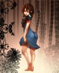  ass barefoot blue_dress breasts brown_eyes brown_hair dress flat_chest hair_ornament hand_in_hair legs long_hair looking_down original pulling_up_skirt skirt skirt_pull smile snail8 solo thin_fabric 