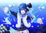  agi_(holic2007) animal blue_eyes blue_hair fish flower flowers hat kaito scarf short_hair underwater vocaloid water 
