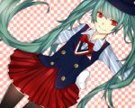  bad_id bowtie checkered checkered_background green_hair hat hatsune_miku long_hair red_eyes skirt smile solo thigh-highs thighhighs twintails very_long_hair vocaloid 