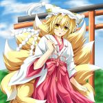  alternate_costume animal_ears bad_id blonde_hair fox_tail gohei hat highres japanese_clothes kmkm9696 miko multiple_tails open_mouth short_hair smile solo tail torii touhou yakumo_ran yellow_eyes 