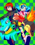  1boy 1girl blue_eyes blue_hair crystal_(pokemon) cyndaquil hat holding holding_poke_ball long_hair poke_ball pokemon pokemon_(creature) pokemon_(game) pokemon_crystal pokemon_gold_and_silver pokemon_gsc red_hair redhead silver_(pokemon) smile totodile yumetuti 