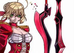  1girl aestus_estus ahoge blonde_hair breasts cleavage death_is_13 dress epaulettes fate/extra fate_(series) green_eyes hair_ribbon ribbon saber_extra solo sword weapon 