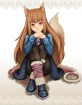  animal_ears border brown_hair fur_trim head_rest head_tilt highres holo jewelry kats long_hair long_sleeves looking_at_viewer necklace red_eyes sitting smile solo spice_and_wolf tail vest wolf_ears wolf_tail 