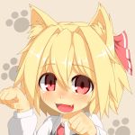  1girl animal_ears black_dress blonde_hair blush bust cat_ears commentary dress fang hair_ribbon hecchi_(blanch) kemonomimi_mode long_sleeves looking_at_viewer necktie open_mouth paw_pose paw_print pink_eyes ribbon rumia shirt smile solo sweatdrop touhou 