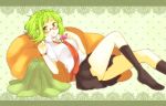  bad_id bespectacled food footwear glasses green_eyes green_hair gumi looking_at_viewer lying macaron necktie noki_(potekoro) on_back open_mouth school_uniform short_hair skirt socks solo vocaloid 