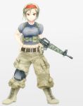  assault_rifle belt blonde_hair boots green_hair grey_background gun hairband knee_pads left-handed m16 midriff military navel onibi_(foxhound4185) original pants red_eyes rifle short_hair simple_background solo weapon 