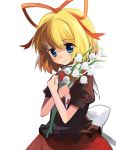  blonde_hair blue_eyes bow bust dress eluthel flower hair_ribbon highres lily_of_the_valley medicine_melancholy ribbon short_hair simple_background smile solo touhou 