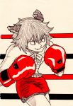  animal_ears bandage bandages boxing boxing_gloves boxing_ring cat_ears chen earrings highres jewelry monochrome red sarashi short_hair shorts single_fang touhou tres-iques 