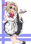  absurdres alice_margatroid alternate_costume apron blonde_hair blue_eyes bow bowtie breasts cake cup dress enmaided erect_nipples food fruit hair_intakes hairband headdress highres impossible_clothes impossible_dress kituneduki kogetsu large_breasts loafers maid mug open_mouth running shoes short_hair socks solo strawberry touhou tray white_legwear wide_sleeves 