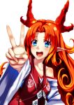  blue_eyes hands horns japanese_clothes kimono off_shoulder orange_hair original pointy_ears ruuto_(sorufu) solo sorufu v 