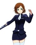  bag belt blush briefcase brown_hair green_eyes gundam gundam_age hagane_soushi hair_ornament hairclip necktie open_mouth romary_stone school_bag school_uniform short_hair simple_background solo thigh-highs thighhighs 