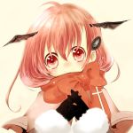  ahoge bat_wings black_gloves blush bow bust capelet cross gloves hair_ornament head_wings koakuma red_eyes red_hair redhead scarf shii_(cocoa) smile solo touhou wings 