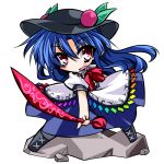 blue_hair blush bow chibi cross-laced_footwear food fruit hat hemogurobin_a1c hinanawi_tenshi leaf long_hair long_skirt open_mouth peach red_eyes rock short_sleeves simple_background skirt solo sword sword_of_hisou touhou transparent_background weapon