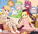  aki_minoriko aki_shizuha alarm_clock barefoot bat_wings bed bedroom blonde_hair blue_hair book bow chestnut chips clock closed_eyes controller cup eating eyeball fang flandre_scarlet food food_themed_clothes fruit game_controller grapes grey_hair hair_bow hair_ornament hairband hat komeiji_koishi komeiji_satori leaf leaf_on_head long_hair multiple_girls nightcap open_book open_mouth pajamas phone plate potato_chips purple_eyes purple_hair red_eyes remilia_scarlet saucer short_hair side_ponytail sitting sleepover stuffed_animal stuffed_bunny stuffed_duck stuffed_toy sweets third_eye touhou trait_connection tsurukou_(tksymkw) wariza wings word_bubble yukkuri_shiteitte_ne 