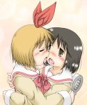  annaka_haruna black_hair blonde_hair blush gaketsu multiple_girls nichijou ribbon saliva saliva_trail school_uniform serafuku shinonome_nano short_hair tongue winding_key yuri 