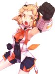  arm_up armor armpits brown_hair clenched_hands face fist foreshortening gloves hands headphones kogaman namago navel open_mouth orange_eyes senki_zesshou_symphogear short_hair solo tachibana_hibiki_(symphogear) white_background 